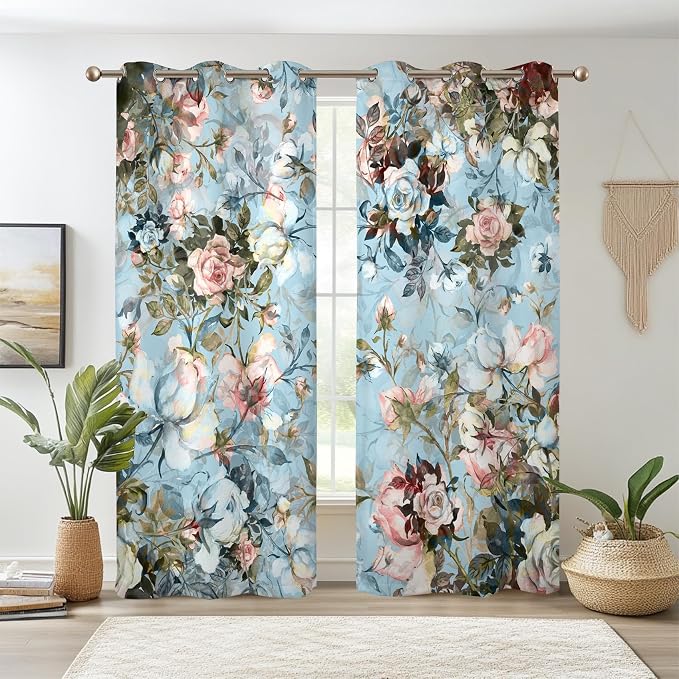 Renaiss Blue Rose Floral Blackout Curtains, Light Blue Watercolor Flowers Blossom Bedroom Window Curtains, Vintage Grommet Window Drapes for Living Room 42W x 96L 2 Panels Set