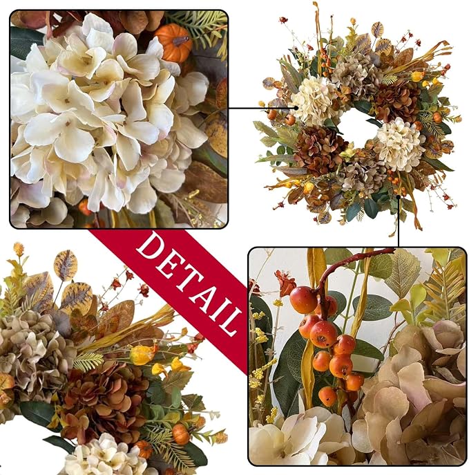 WANNA-CUL 24 Inch Fall Wreaths for Front Door with Hydrangea,Mini Pumpkins | Twig Base Rustic Autumn Wreath,Thanksgiving Farmhouse Decor, Fall Decorations For Home, Indoor Outdoor Halloween Harvest Gift