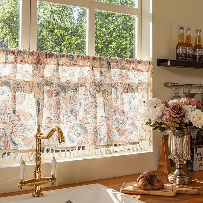 Deeprove Boho Valance 18 Inch Length, Colorful Bandana Terracotta Paisley Print Textured Kitchen Window Small Short Curtan for Cafe Bedroom Farmhouse Ethnic TrimTassel Style Privacy 1 Panel 52W x 18L