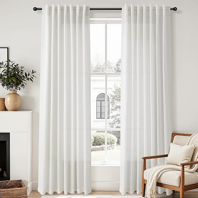 Aersas Natural Linen Curtains 108 Inches Length for Living Room Flax Texture Wave Fabric Semi Sheer with Rod Pocket Back Tab for Bedroom Balcony Light Filtering Neutral Home Decor 52x108