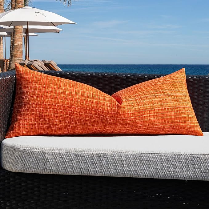 Kevin Textile Outdoor Waterproof Throw Pillow Covers 14x36 Inch Pack of 1 Woven Faux Linen Decorative Water Resistant Long Body Lumbar Cushion Covers for Tent Patio Garden Couch Sofa Orange