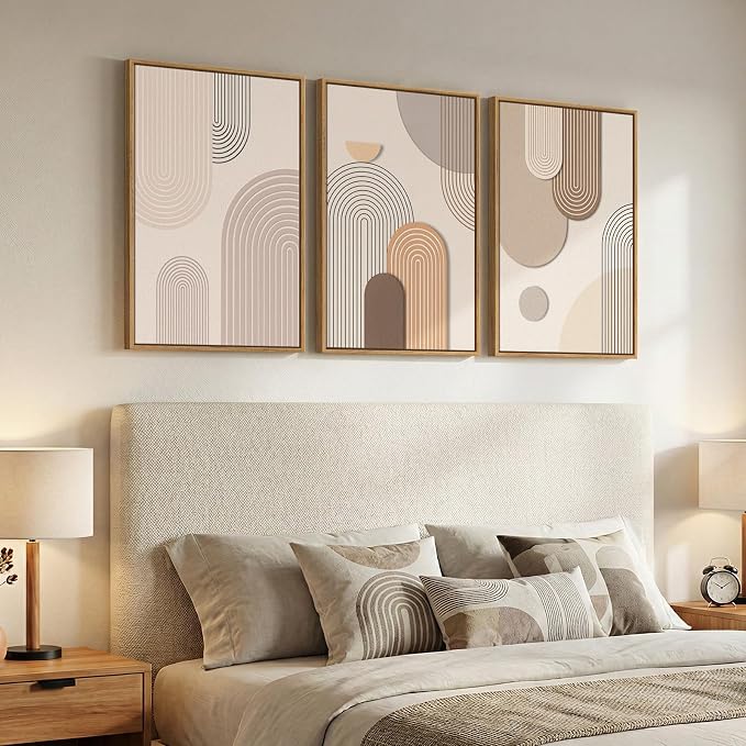 3 Piece Framed Neutral Boho Wall Art for Living Room, Large Minimalist Abstract Canvas Artwork for Walls, Mid Century Modern Beige Geometric Prints Paintings for Bedroom Hallway Wall Decor 16x24 Inch