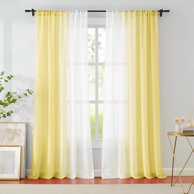 Yellow Ombre Chiffon Sheer Curtain 63 Inch Long for Living Room Crinkle Semi Sheer Curtain Panels for Bedroom, Gradient Light Filtering Window Drapes Set of 2 for Kids Room, Office, Rod Pocket, 52"W