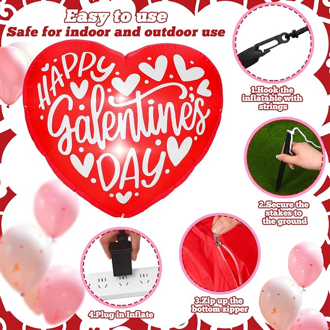 VIHOSE Happy Galentines Day Inflatables Decorations 4.3 ft Pink Valentine Day Blow up Decor Heart LED Lights Inflatable Decor for Ladies Girls Friends Valentine Party Photo Props