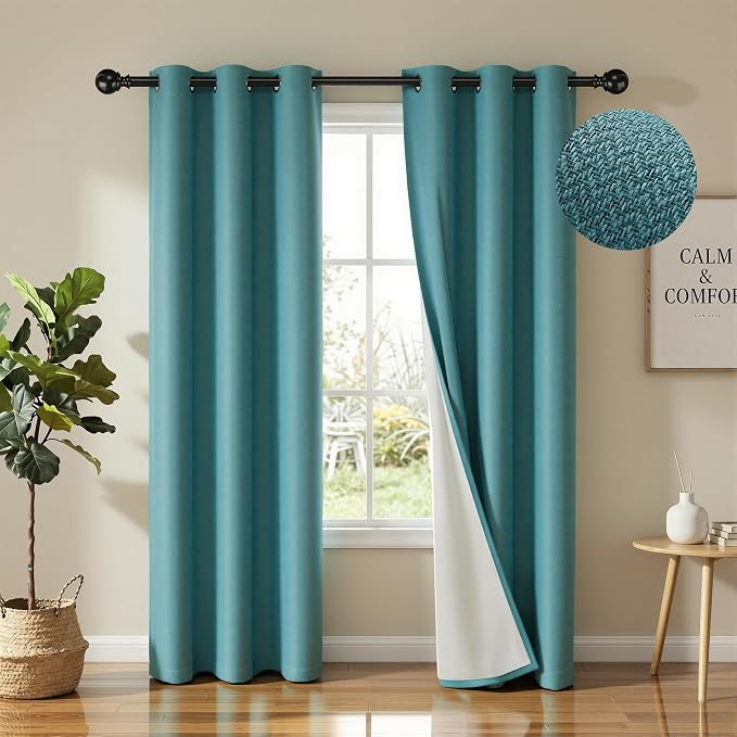 2 Panels 100% Blackout Linen-Textured Curtains, Thick Thermal Insulated Grommet Drapes with Subtle Herringbone Weave, Luxury Decor for Bedroom/Living Room, 37 x 84 Inches, Teal