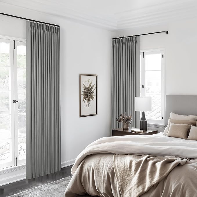 TWODRAPES Grey Pleated Linen Blackout Curtains 102 Inches Long for Bedroom Living Room Pinch Pleat Black Out Thermal Insulated Ring Hooks Room Darkening Drapes Dark Grey Curtains with Liner 40x102