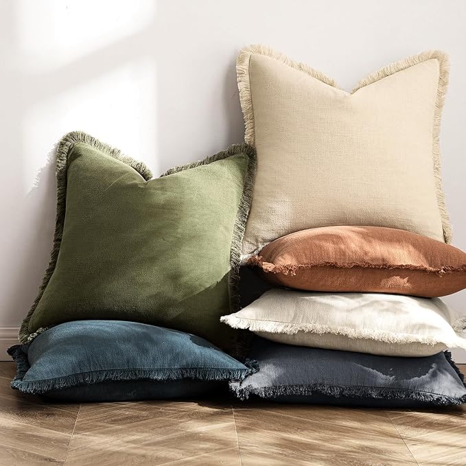MIULEE Decorative Throw Pillow Covers Neutral Linen Fringe Throw Pillows Euro Shams Set of 2 Dark Grey Boho Farmhouse Cushion Covers for Couch Sofa Bed Living Room Spring Home Decor 24x24 Inch