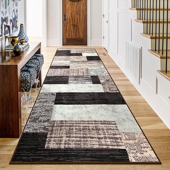Indoor Runner Rug, Washable Runner Rug with Rubber Backing, Modern Geometric Patchwork Aesthetic Carpet for Bedroom, Living Room, Hallway, Entryway, Washable Rug Rockwood Collection, 2x6 Ft Chocolate