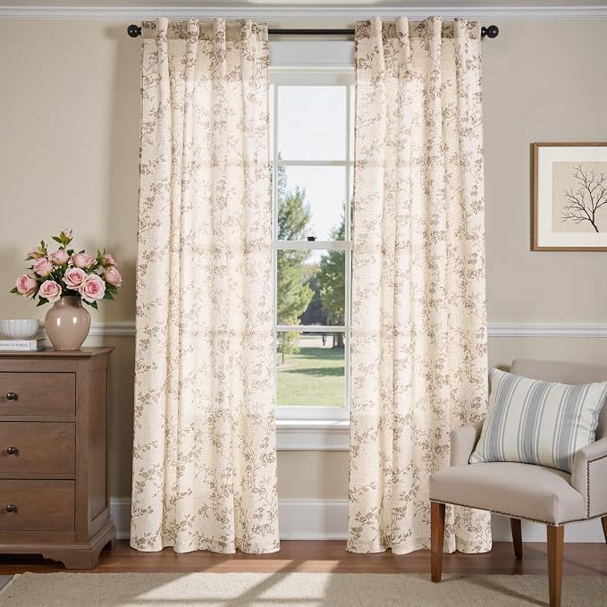 jinchan Taupe Floral Linen Curtains 84 Inch Farmhouse Back Tab 2 Panels | Taupe on beige, light filtering, farmhouse, rustic, country, flower, privacy, bedroom, living room, office, window treatment