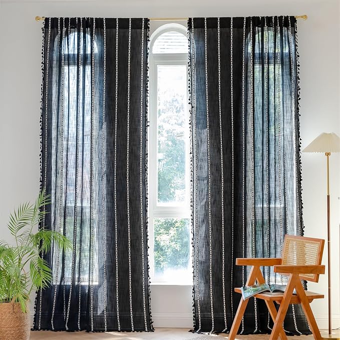 RoomTalks Black Boho Farmhouse Curtains for Bedroom Living Room 96 Inch Length 2 Panles, French Country Halloween Gothic Cute Textured Window Curtain Panels Bohemian Vintage Tassel Draperies
