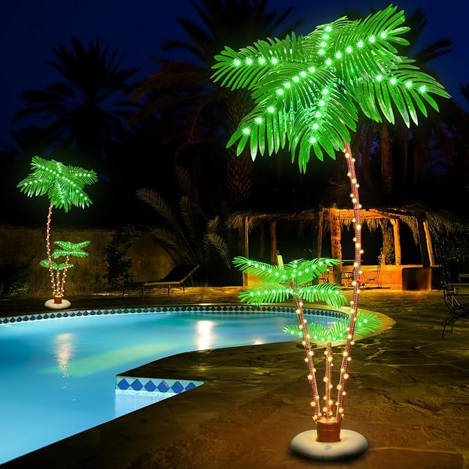 OUSHENG Lighted Palm Tree Bar Outdoor Christmas Decorations Decor, Light Up LED Artificial Fake Faux Trees Lights for Outside Patio Yard Pool Porch Deck Party Tropical, 7FT