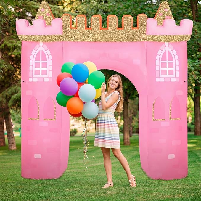 10ft Princess Inflatable Arch Castle with Built-in LED Lights, Pink Princess Party Decorations Blow up Archway for Girl Birthday Baby Shower Outdoor Yard Lawn Decor
