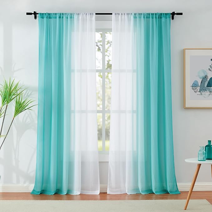 Teal Ombre Sheer Curtains 84 Inch Length for Living Room Bedroom Decor, Gradient Crinkle Semi Sheer Curtain Panels for Girls Room Chiffon Light Filtering Window Drapes for Garden, Rod Pocket, 52"W