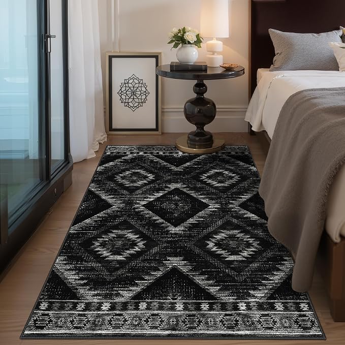 BESTSWEETIE Area Rug 3x4 Rug Machine Washable Non-Slip Low Pile Print Pattern Western Rug for Living Room Bedroom Entryway Tribal Series-Black