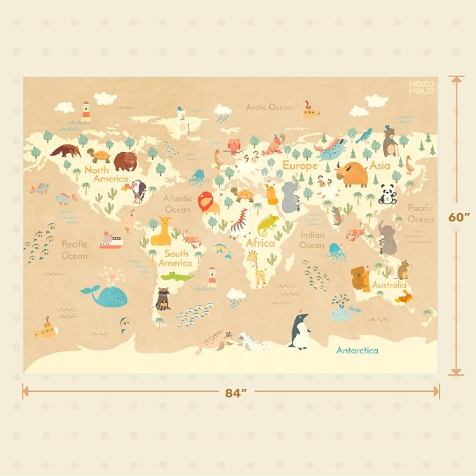 Hazo Haus Washable Kids Rug for Playroom – 5x7 Toddlers Room Play Rug, Educational World Map Area Rug with Cute Animals – Non-Slip, Stain Resistant, Soft & Safe, Nursery, Kids Room, Bedroom - Beige