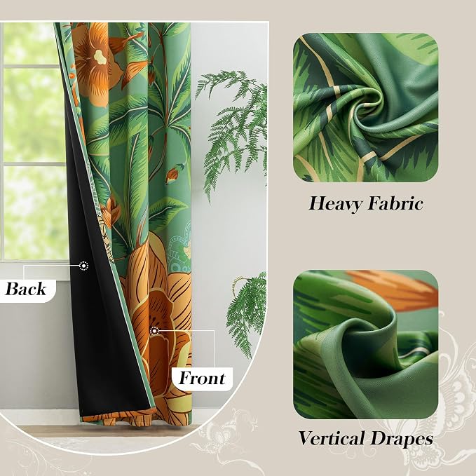 Tyrot Sage Green Boho Floral 100% Blackout Curtains for Bedroom 84 inch Long 2 Panels Butterfly Botanical Black Out Curtains for Living Room Grommet Thermal Insulated Room Darkening Drapes,52Wx84L