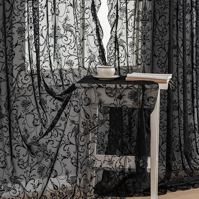 TUDECO Short Black Curtains 45 Inch Length - Gothic Lace Floral Black Kitchen Curtains for Small Window, Rod Pocket Semi-Sheer Light Filtering Goth Moody Spooky Home Decor, 59W x 45L Inch