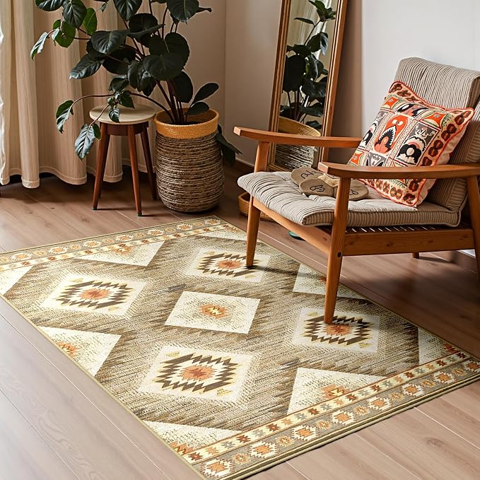 BESTSWEETIE Area Rug 3x4 Rug Machine Washable Non-Slip Low Pile Print Pattern Western Rug for Living Room Bedroom Entryway Tribal Series-Cream/Camel