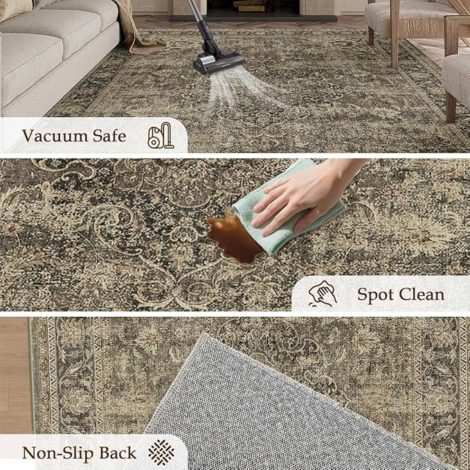 8x10 Washable Area Rug Brown Vintage Non Slip Soft Medium Pile Rug for Living Room Bedroom Dining Room Office Distressed Oriental Indoor Large Throw Carpet for Home Decor