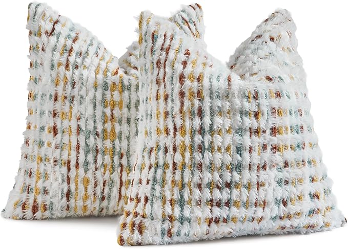 AmHoo Set of 2 Boho Chenille Pillow Cover Decorative Tufted Pillowcase for Couch Bed Sofa Bedroom Living Room Modern 18 x 18-Inch Brown White