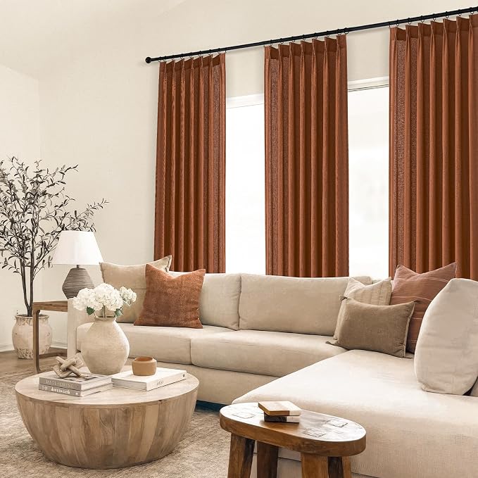 Topfinel Terracotta Pinch Pleated Sheer Curtains Panels for Bedroom,Fall Textured Linen Blended Light Filtering Window Curtains 84 inch for Living Room,Pinch Pleat Drapes with Hooks 2 Panels 40"x84"