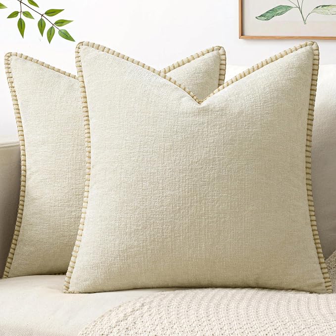 MIULEE Pack of 2 Pillow Covers 16x16 Inch Cream White Farmhouse Decorative Throw Pillow Covers with Stitched Edge Soft Chenille Solid Dyed Couch Pillow Covers for Sofa Bed Living Room