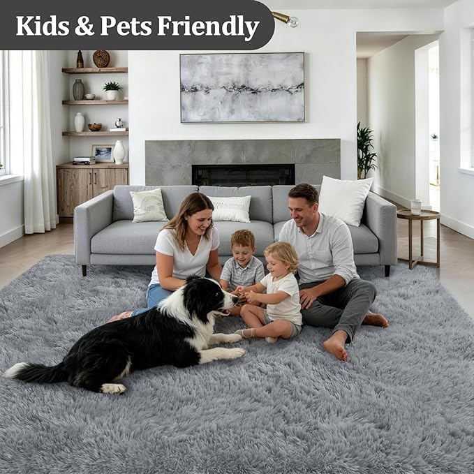Fluffy 5x7 Area Rugs for Living Room Bedroom: Ultra Soft Shag Rug Non-Slip Non-Shedding Small Plush Bedside Rug Indoor Floor Carpets for Kids Room Playroom Entryway Nursery Dorms Home Decor Gray