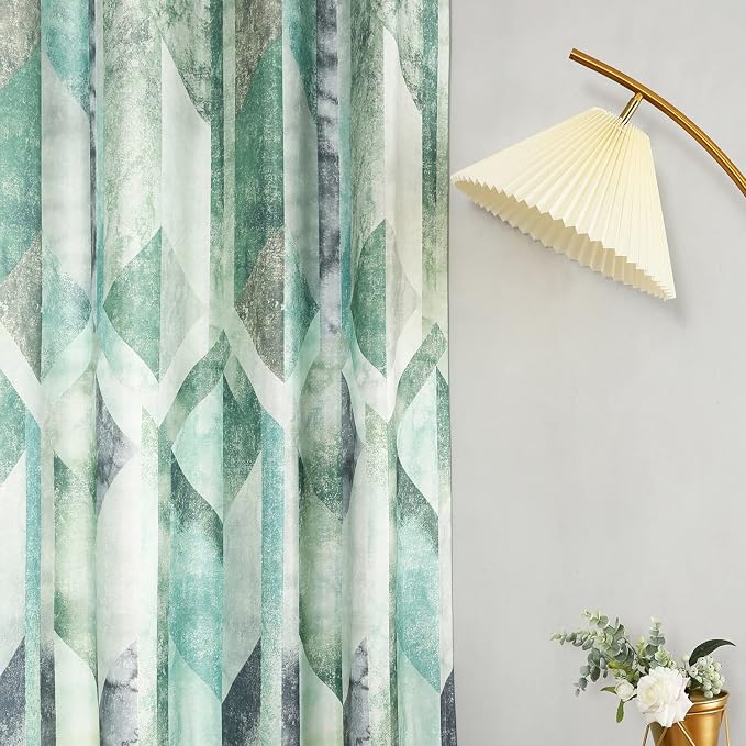 Leeva Geometric Printed Curtains & Drapes, Modern Style Faux Linen Grommet Window Curtain with Tiebacks for Home Office, 2 Panels, 52 x 63 in
