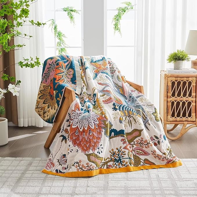 Boho Throw Blanket Farmhouse Decor Throw Blanket Bohemian Blanket for Bed 100% Cotton Muslin Woven Couch Blanket All Seasons Quilt Bedroom (Beige, 50"x60")
