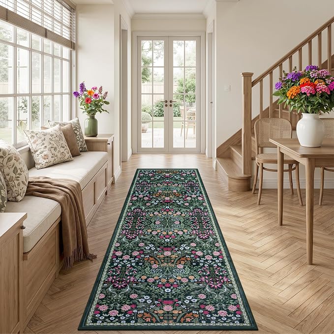 Runner Rug for Entryway: 2.6x10 Kitchen Rugs Non Slip Washable Ultra-Thin Soft Floral Carpet Indoor Floor Stain Resistant Carpets for Hallway Bedroom Kitchen Laundry Bathroom Dorm Dark Green