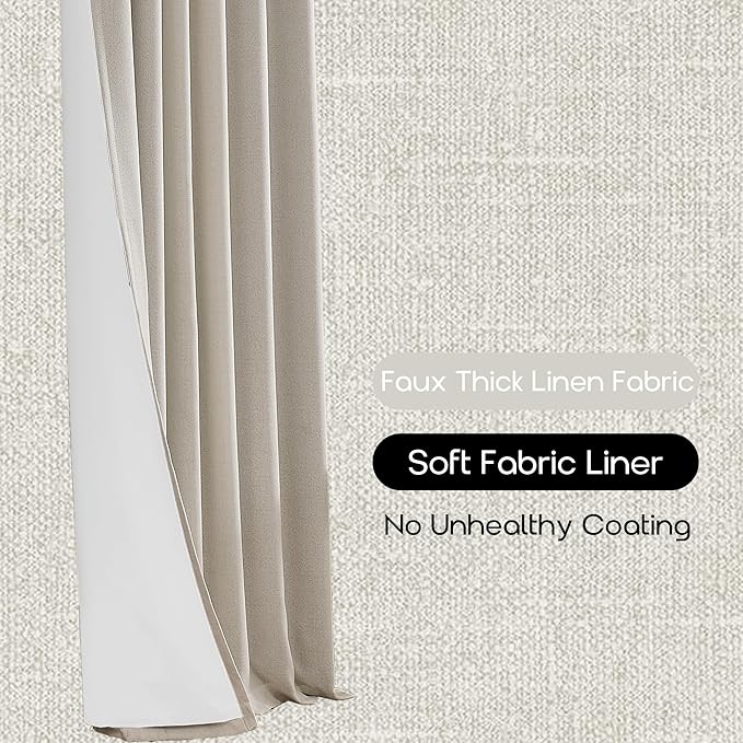 63 Inch Length Natural Linen Blackout Curtains, Rod Pocket Black Out Thermal Insulated Curtain Drapes for Bedroom 63 in Long 2 Panels Set