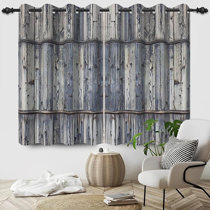 Wooden Barn Doors Kitchen Curtains,Wood Planks Rustic Farm Farmhouse Window Curtains Country Retro Western Vintage Grey Window Curtain Treatments Bedroom Living Room Decor,53x63 inch,2 Panels