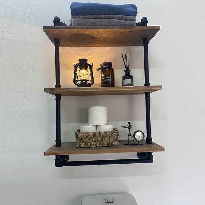 ROGMARS Industrial Pipe Shelving Bathroom Shelves with Towel bar | 24 inch Pine Wood Floating Shelves for Wall Mounted Bedroom,Kitchen, Farmhouse, Living Room 3 Tier