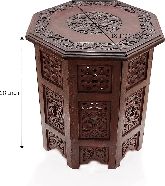 COTTON CRAFT Solid Wood Accent End Table - Hand Carved Vintage Boho Folding Side Table - Small Spaces Entryway Farmhouse Living Room Bedside - No Tools Assembly - 18x18 Octagon - Brown