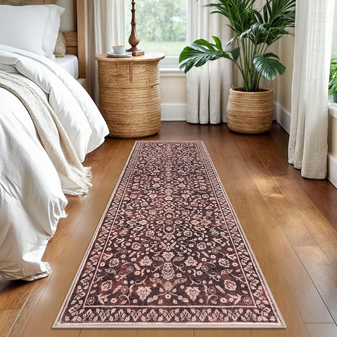 Vintage Washable Runner Rug 2x6, Burgundy Runners for hallways, Super Soft Kitchen Runner Rug Non Slip, Printed Faux Wool Floral Thin Carpet Runner for Entryway Laundry Room Bedroom