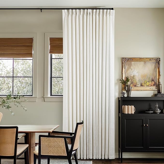 90 Inch Pinch Pleated Linen Curtains 2 Panel Set for Living Room Cream Natural Thick Linen Textured Drapes 90 Inches Long Pinch Pleat Drapes Birch Ivory Semi Sheer Curtain for Dining Bedroom Office