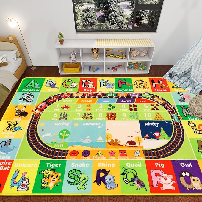 ABC Kids Rug for Playroom 59"×78.7" Play Mat Alphabet Rug Animal Number Shape Classroom Kids Playroom Early Learning Carpet for Educational Learning & Game Area Preschool