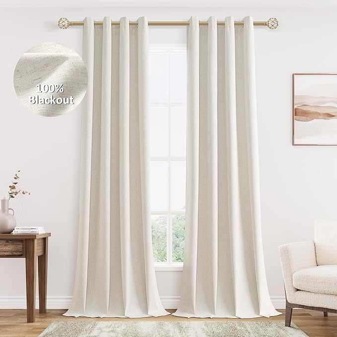 Jowels Cream Linen Blackout Curtains 92 Length 2 Panels Set for Living Room Bedroom, 100% Black Out Thermal Insulated Linen Drapes, Room Darkening Grommet Curtains 92 Inches Long Natural Beige
