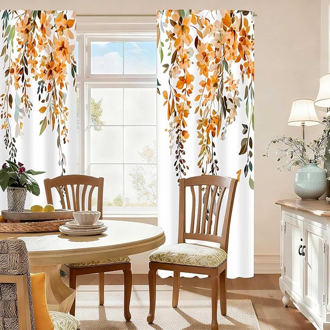 Orange Watercolor Floral Curtains, Botanical Leaves Vine Flowers Curtain, Rustic Farmhouse Flower Leaf Blackout Window Treatment Drapes for Bedroom Living Room 52x90 inch, 2 Panels