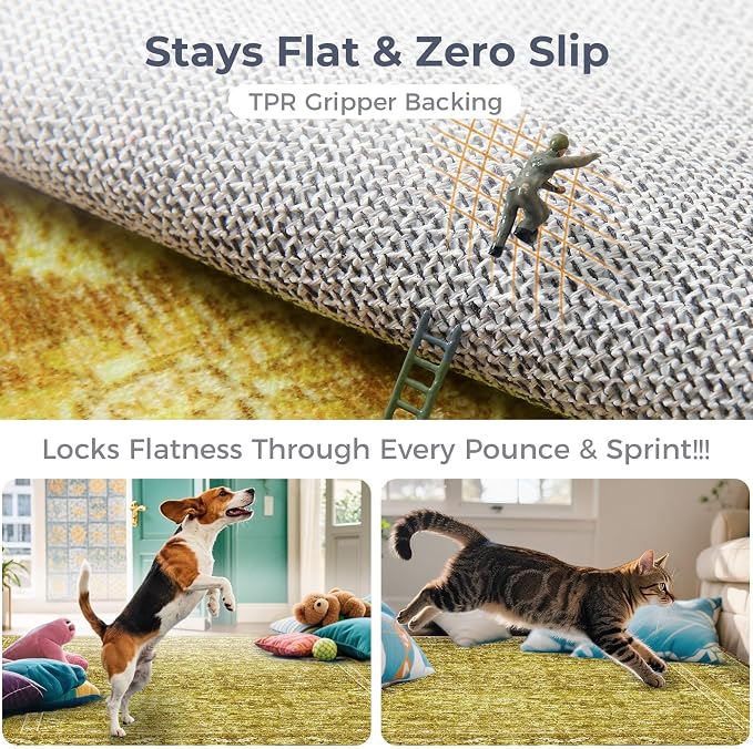 OPPODREAM Vintage Yellow Area Rugs 8x10, 8 x 10 Retro Washable Rug Non Slip, Low-Pile Faux Wool Carpet, Distressed Floor Mat for Living Room, Bedroom, Office, Dorm, Dinning Room, Big & Large