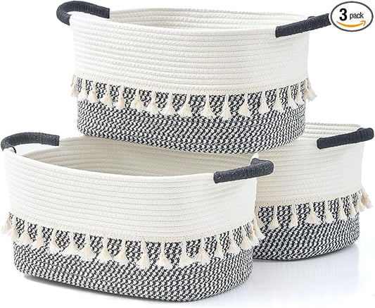 Woven Baskets, 3-Pack Storage Basket for Living Room, Bedroom, Nursery, Stylish Gift Basket with Handles, Cotton Rope Basket for Toys and Shelves, Multi-Purpose Organizer, White/Blue