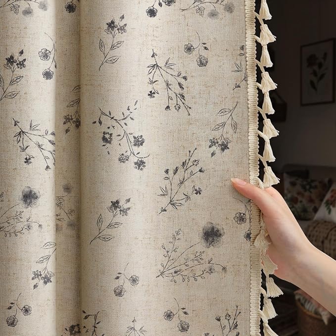 Boho Floral Spring 100% Blackout Curtains 84 Inch Length 2 Panels Set, Linen Texture Farmhouse Curtains with Beige Tassel for Living Room Bedroom, Vintage Rustic Rod Pocket,Black
