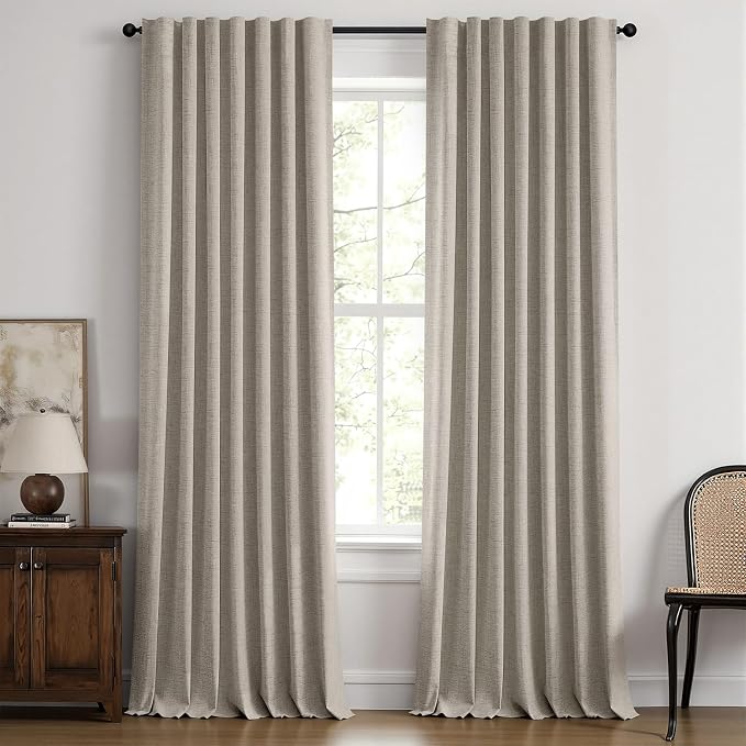 MIULEE 100% Blackout Linen Curtains for Bedroom, Pebble Taupe Solid Luxury Decor Thermal Insulation Room Darkening Drapes for Living Room Back Tab Rod Pocket 42 x 96 Inches, 2 Panels
