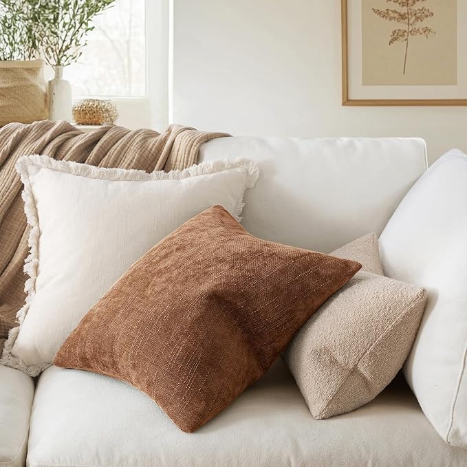 MIULEE Textured Pillow Covers 20x12 Inch Pack of 2,Pecan Brown Soft Thick Solid Lumbar Decorative Chenille Throw Pillows Neutral Farmhouse Cushion Covers Modern Home Decor for Sofa Bedroom Living Room