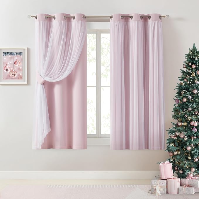 Bujasso Pink Blackout Curtains with Sheer Overlay Mix and Match Double Layer 80% Room Darkening Window Treatment Set for Girls Bedroom Living Room Pink Drapes with Tiebacks Grommet Top 37" Wx63 Lx2