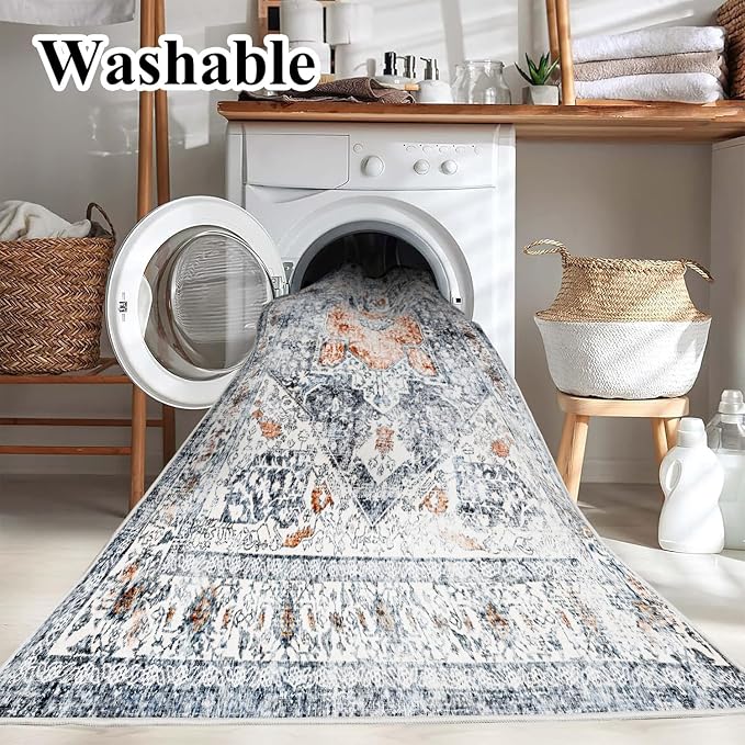 CHAMPLANT Area Rug 6x9 Washable Rug Gray Vintage Traditional Floor Cover Thin Retro Kitchen Indoor Distressed Non Slip Carpet Floral Print Mat Living Room Bedroom Dining Room