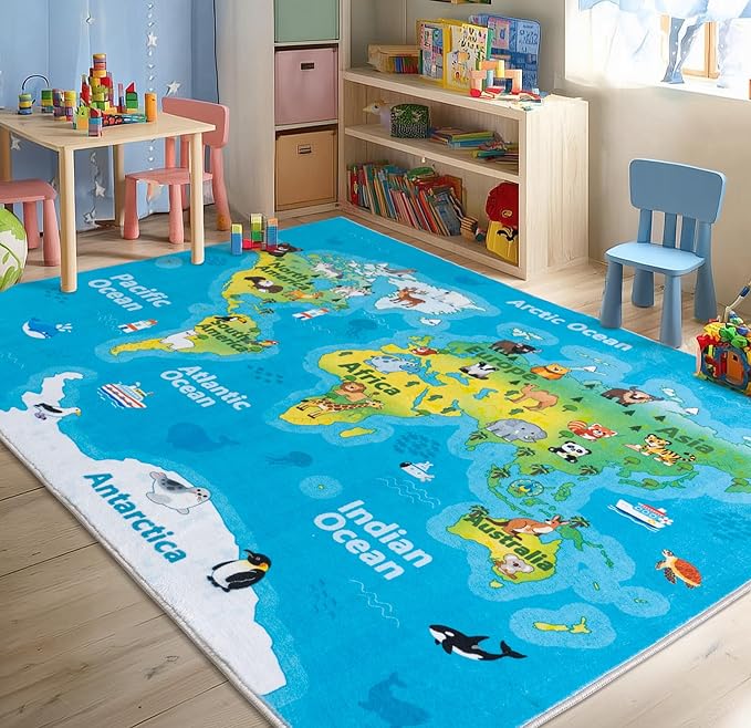 Kids Playroom Rug, 9x12ft World Map Rugs with Cute Animals, Washable Durable Soft Carpet Kid Educational Rugs for Boys Girls Bedroom Nursery Classroom