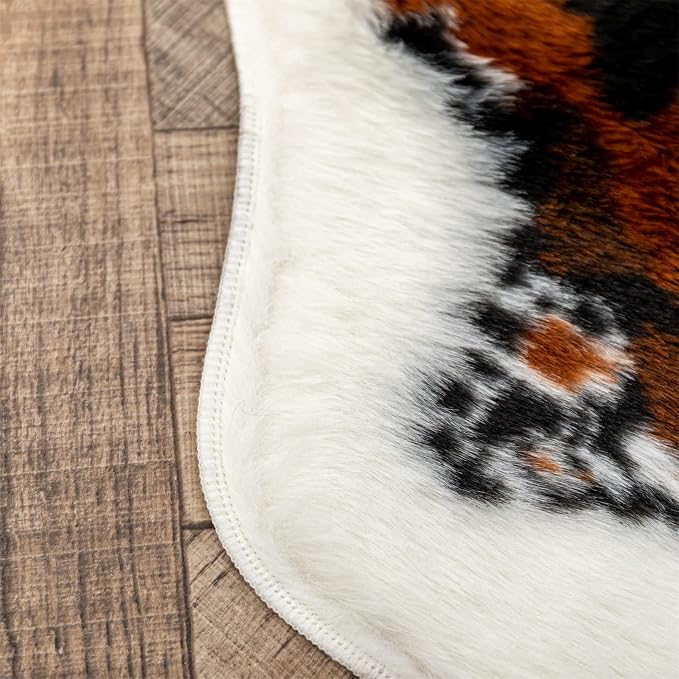 Faux Cowhide Rug Cow Print Area Rug Premium Faux Animal Skin Hide Rugs Tricolor Decor Carpet Non-Slip Small Cowhide Rugs Mat for Bedroom Living Room Office Kitchen 43.3X33.4Inches