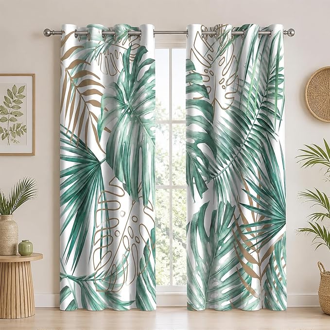 iTapnoom Tropical Palm Leaves Blackout Curtains, Gold and Green Botanical Plants Leaf Window Drapes Darkening Grommet Window Curtains for Living Room Bedroom Decor 2 Panels 52"x84" Inch