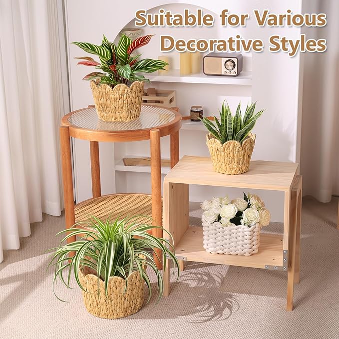 3 Pack Wicker Scalloped Plant Basket, Plant Baskets with Plastic Liner for Indoor, Hand Woven Water Hyacinth Flower Pots Cover Rattan Planter Basket for Home Farmhouse Decor, 10.2"+8.7"+6.7"